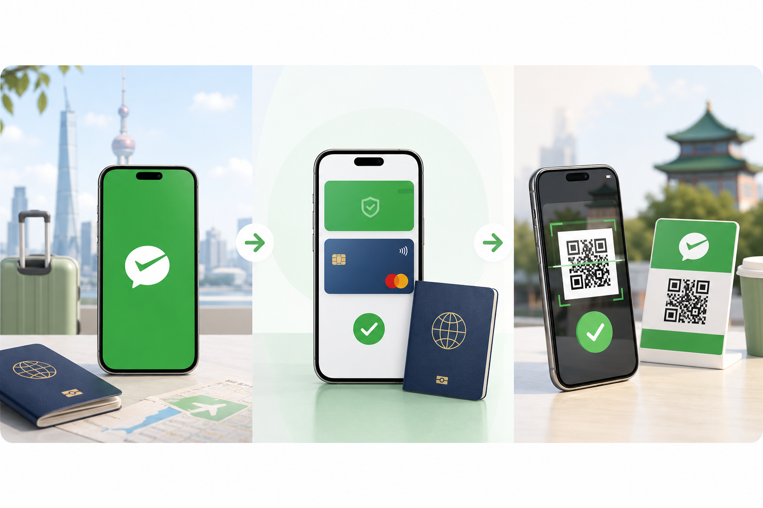 Three stages of setting up WeChat Pay: opening the app, connecting a verified bank card, and scanning a QR code successfully